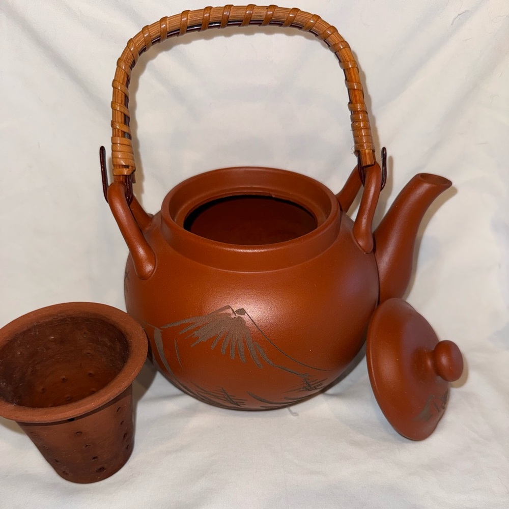 Vintage 1970’s Terracotta-Style Japanese Teapot with Bamboo Handle